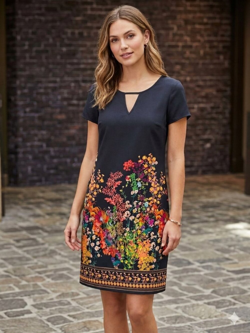 Merona Navy Blue Floral Border Shift Dress Size XS Short Sleeve Keyhole Cut Out
